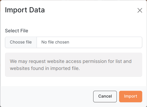 a modal displaying website block settings import interface