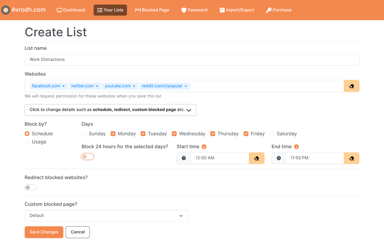 an interface for creating website block list with schedule and other settings