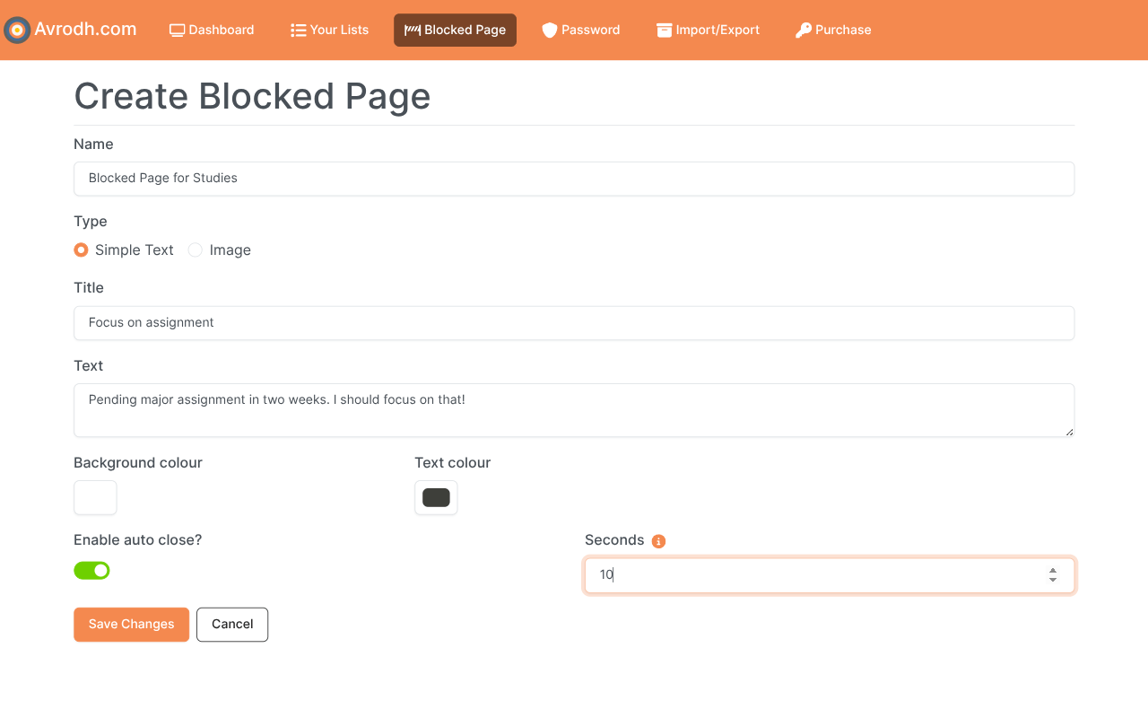 an interface for creating a custom blocked page with various settings