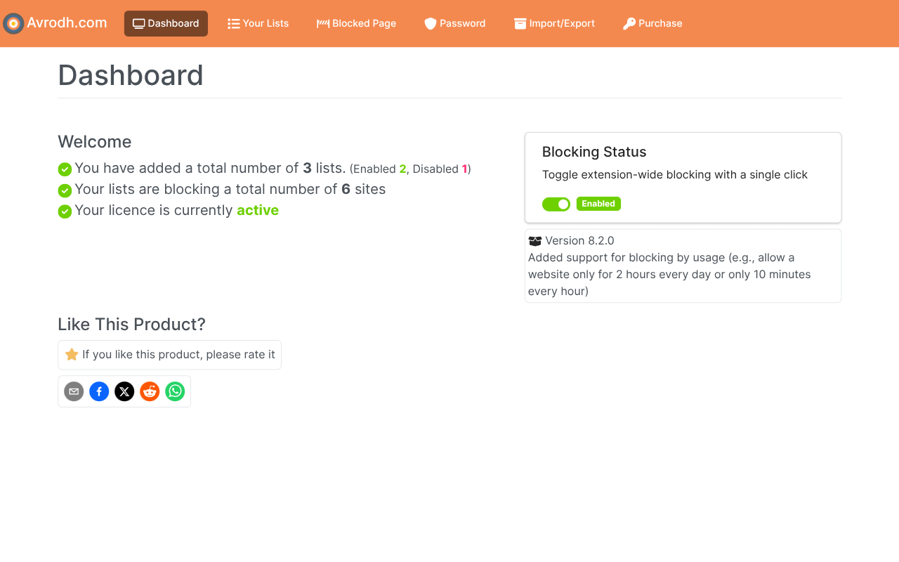 a dashboard displaying website blocking status and other information