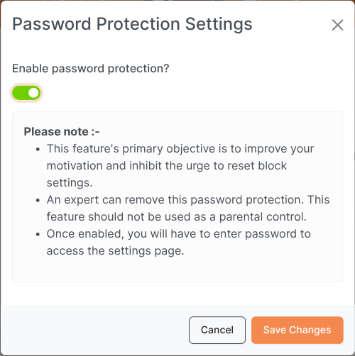 a modal displaying password settings with a toggle button